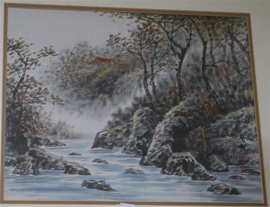 Chinese School, pair of watercolours, River landscapes 33 x 41cm